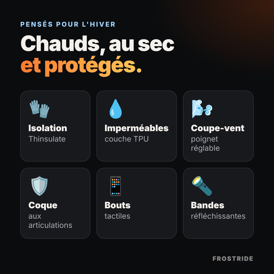 Atouts : isolation, imperméables, coupe-vent, coque, bouts tactiles, bandes réfléchissantes